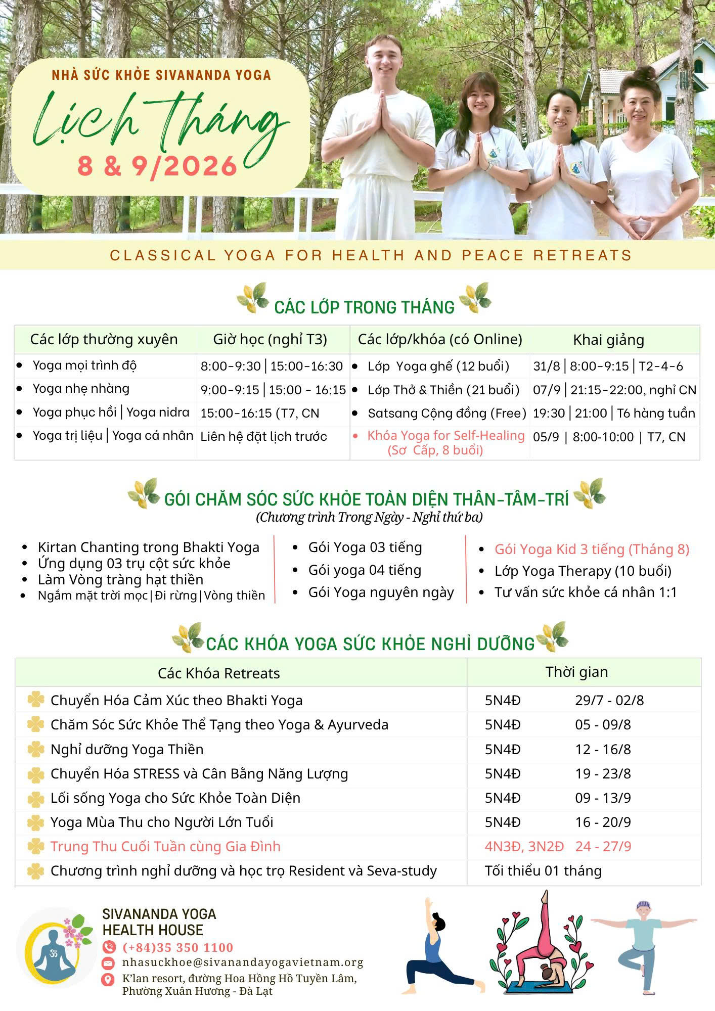 August & September 2026 activity schedule poster at Nhà Sức Khỏe K'Lan